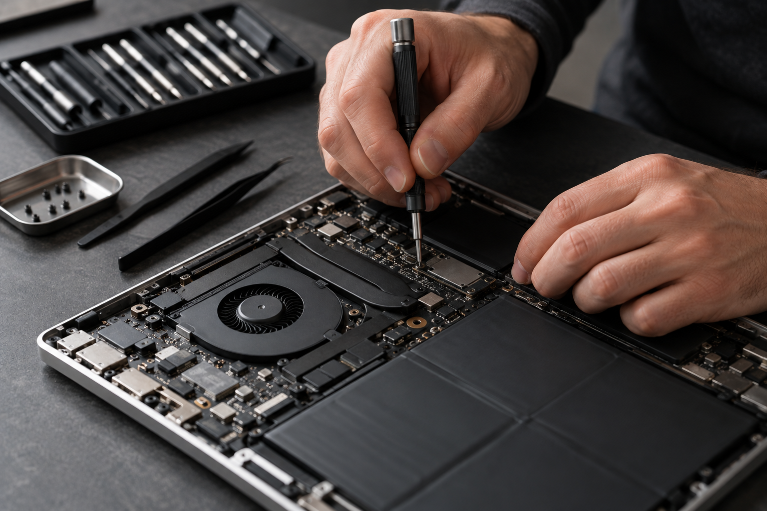 AI-created illustration of a technician carefully repairing a laptop
